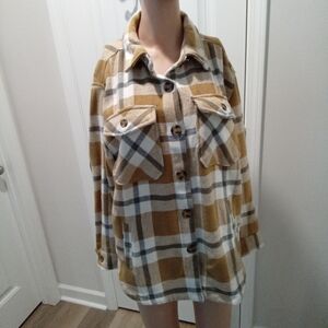 Member's Mark Size S Plaid Shacket Button-Up Jacket Cream, Gray, & Mustard Brown
